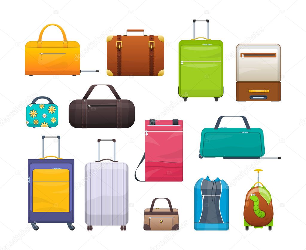 Collection different bags, suitcases, luggage. Plastic, metal, leather suitcases, bags.