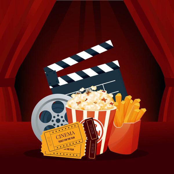 Cinema, movie time. Cinema movie theater object on curtain background.