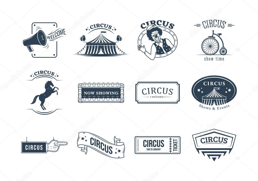 Set of circus and carnival labels, tags, stickers, posters, badges, logos, signage. Invitation to activity, loud show, presentation, opening Circus carnival show time Vector illustration isolated