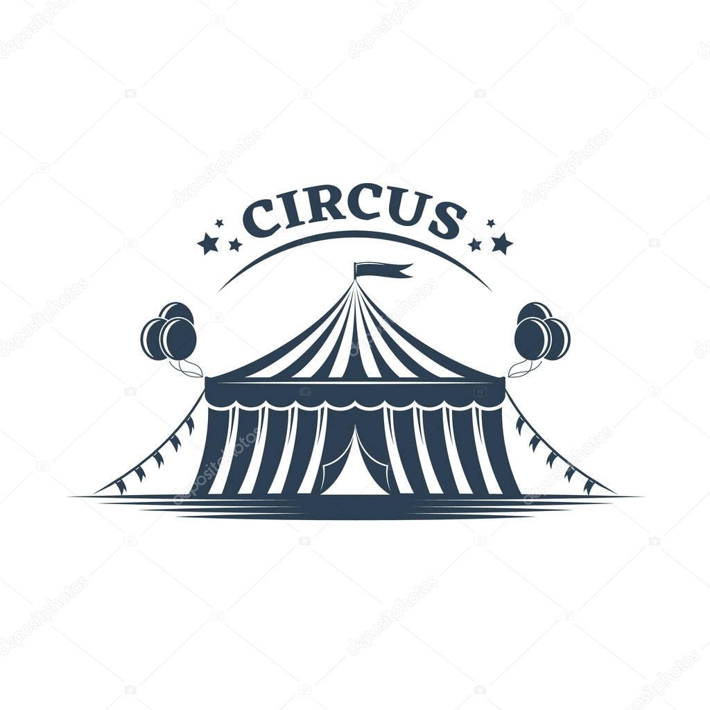 Circus tent logo template. Invitation to event, presentation. Circus building, circus tent awning, with balls, decoration, shapito, exterior appearance. Logotype logo pictogram Vector illustration