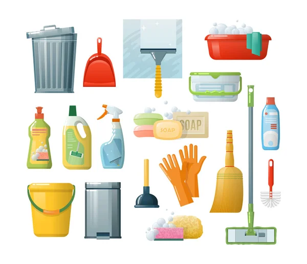 Set accessories for cleaning: buckets, tools, brushes, basins, gloves, sponges. — Stock Vector