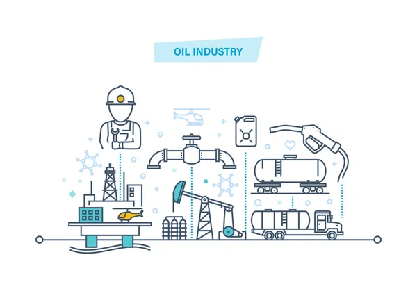 Concepto de industria petrolera. Tubería de aceite, tanque de gasolina, planta industrial . — Vector de stock