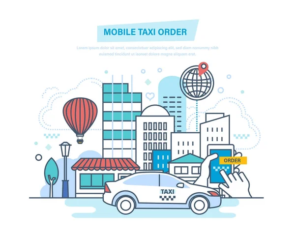 Мобильный заказ такси. Звонок по телефону, мобильное приложение. Онлайн заказ . — стоковый вектор