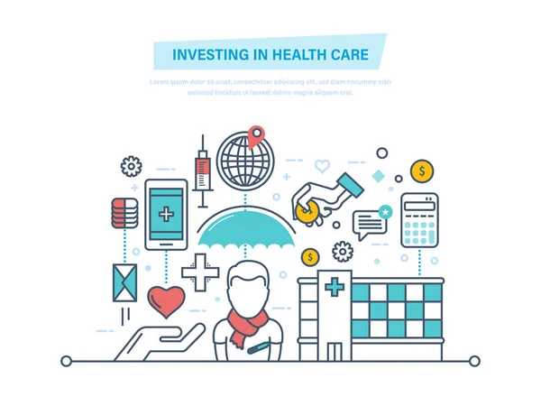 Investing in health care. Development medicine, improving quality of service. — Stock Vector