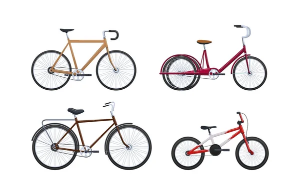 Conjunto de vehículos modernos para el transporte, diferentes bicicletas de ciudad . — Vector de stock