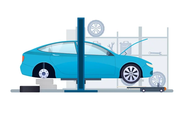 Reparação de carros. Serviço de carro. Substituição de pneus, rodas, peças de carro . —  Vetores de Stock