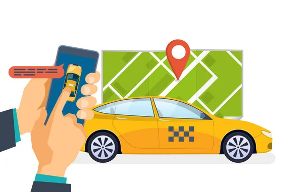 Kéz tartja a smartphone. Szolgáltatás, taxirendelés hívás. Rendelés, mobil-alkalmazás. — Stock Vector