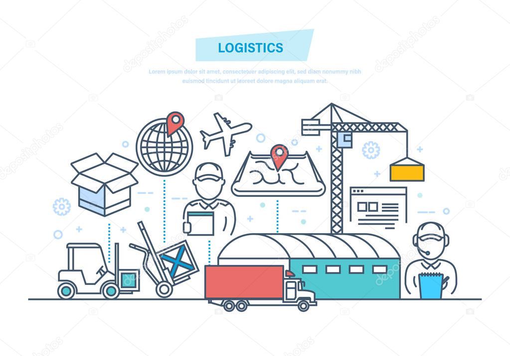 Logistics and transportation, delivery. Transportation services, trucking, shipping, navigation gps.