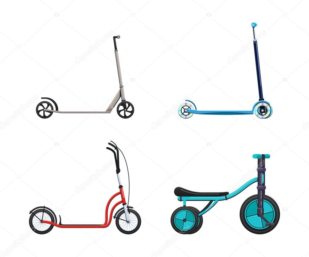 Set of modern vehicles for transportation, different city bicycles.