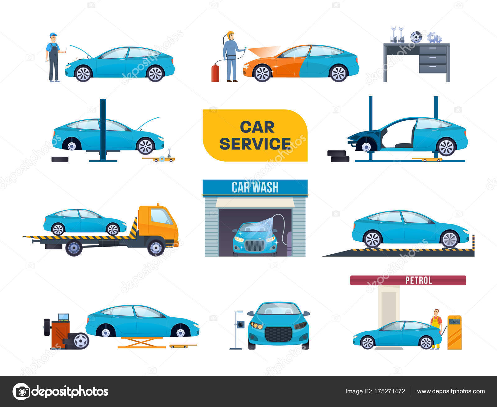 Auto-Service. Autoreparaturmaschinen, Ausrüstung, Waschen, Färben.  Stock-Vektorgrafik von ©ideyweb 175271472