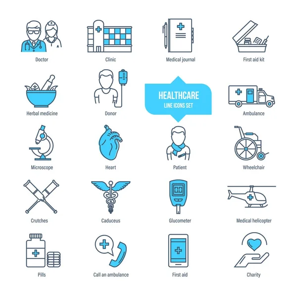 Gesundheitswesen dünne Linien Symbole, Piktogramme und Symbolset. Krankenwagen, Pharmakologie. — Stockvektor