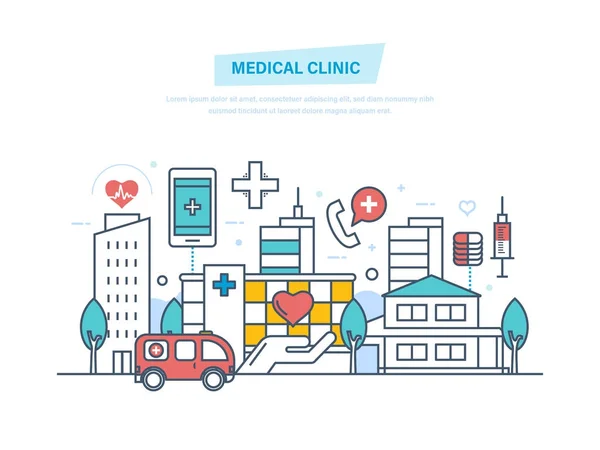 Medische kliniek, stad ziekenhuis gebouw, het systeem van gezondheidszorg en medische faciliteit. — Stockvector