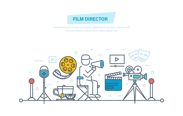 Kino-Ikonen. Filmregisseur beteiligt sich an Dreharbeiten, Management. — Stockvektor