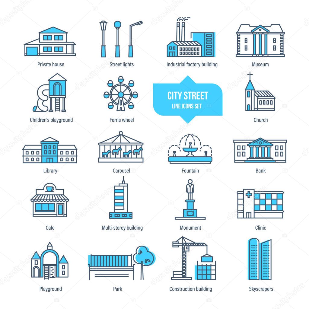City street thin line icons, pictogram, symbol set. Buildings, architecture.