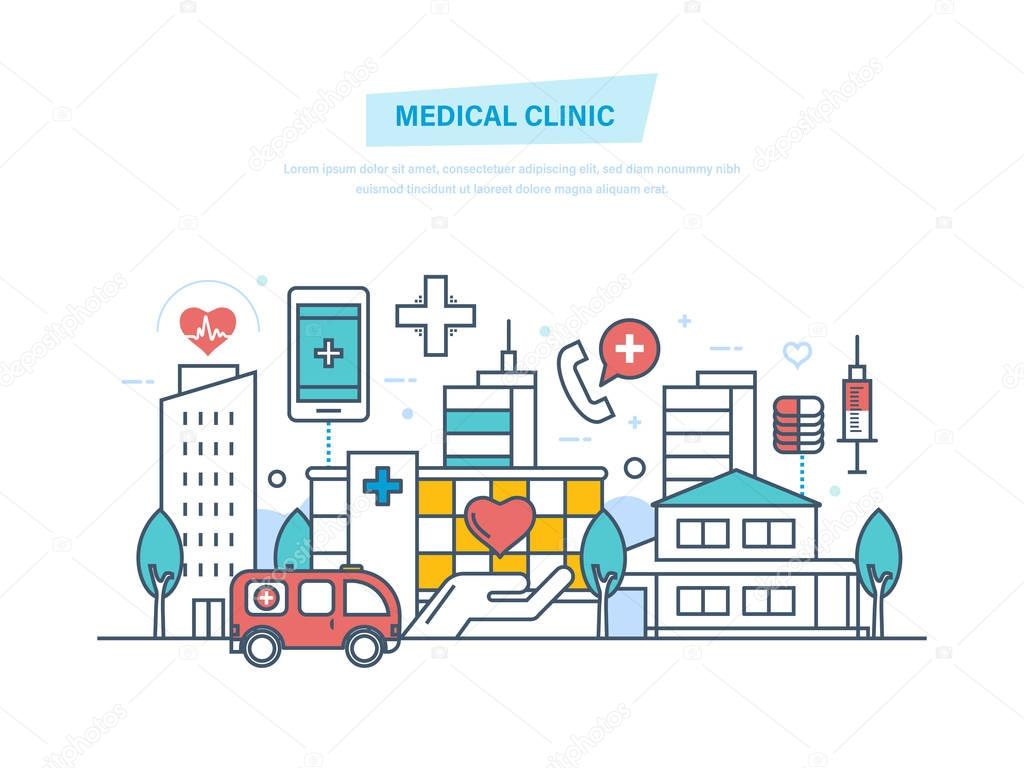 Medical clinic, city hospital building, healthcare system and medical facility.