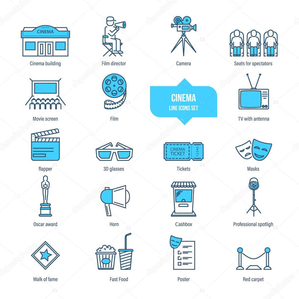 Cinema, film, filming, movie thin line icons, pictogram, symbol set.