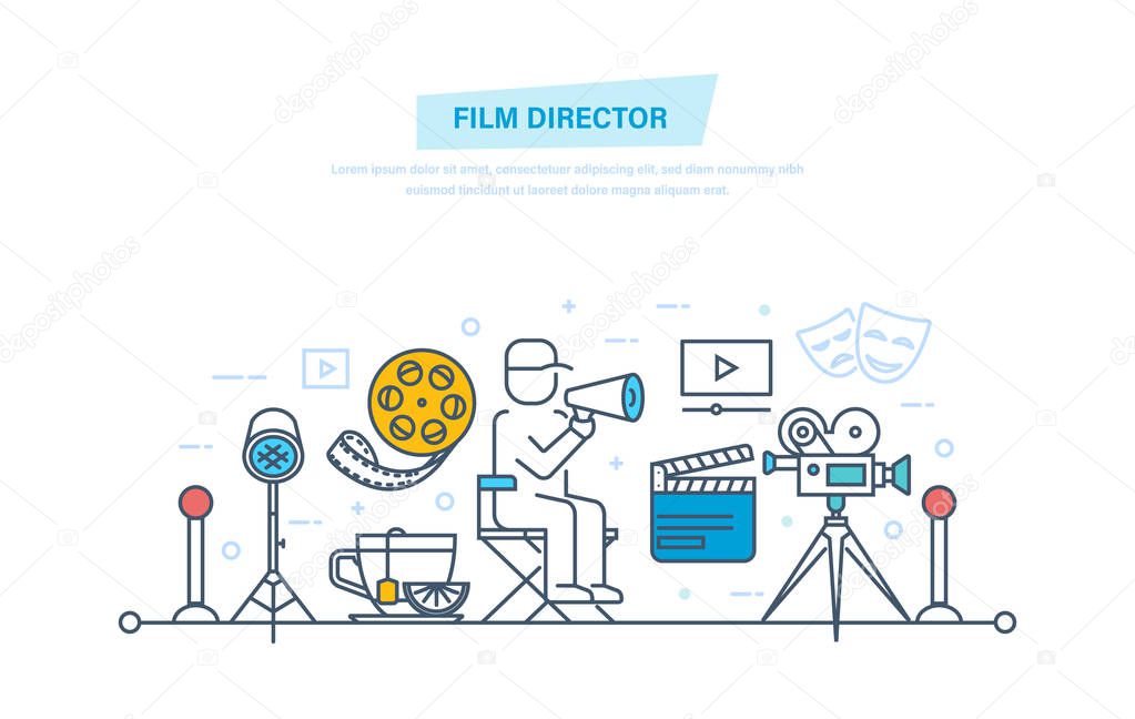 Cinema icons. Film director participates in process of filming, management.