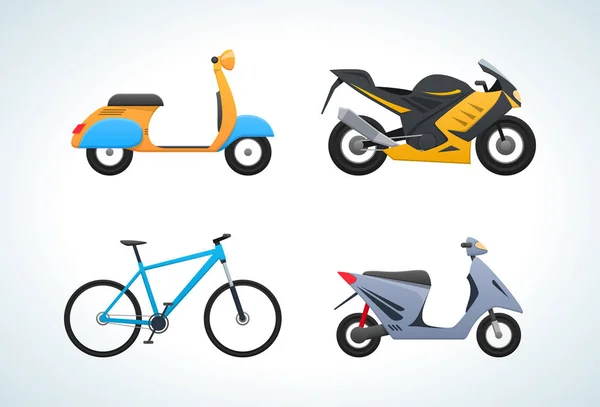 Modern types street transportation in transport: scooter, sports bike, bicycle. — Stock Vector