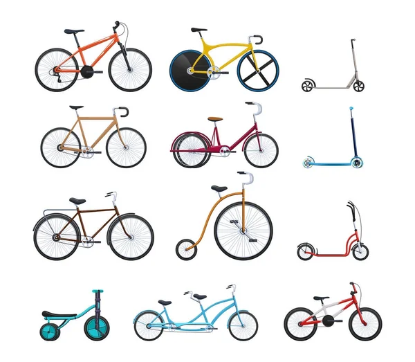 Conjunto de vehículos modernos para el transporte, diferentes bicicletas de ciudad . — Vector de stock