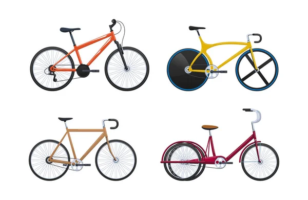 Conjunto de vehículos modernos para el transporte, diferentes bicicletas de ciudad . — Vector de stock