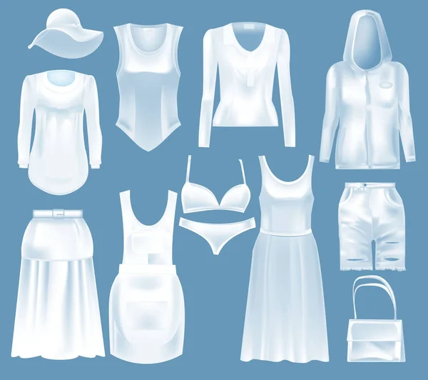 Nastavte maketa žen s oblečení. Bílá varianta šablona módní oblečení. — Stockový vektor