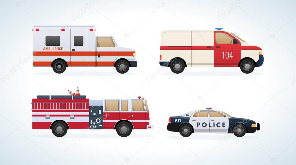 Cars, vehicles transport: fire service, ambulance machine, rescue service, police.