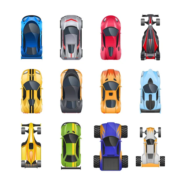 Conjunto de carros esportivos diferentes, cores diferentes, características, marcas, tipos . — Vetor de Stock