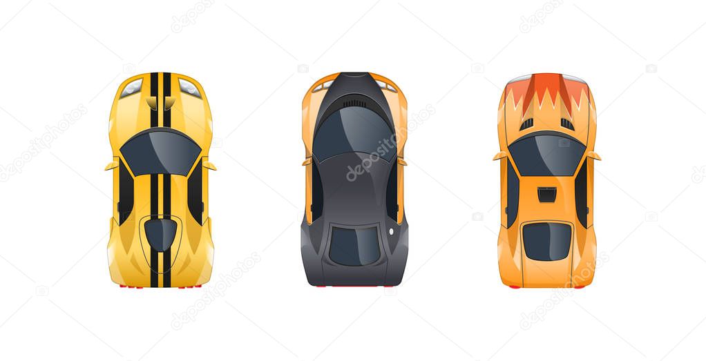 Set of different sports cars, different colors, characteristics, brands, types.