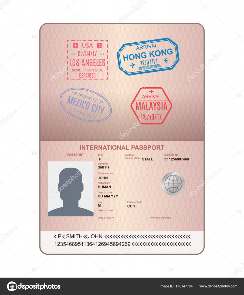 Modelo de um passaporte aberto com selos, selos. Viagens, imigração . Vetor  de stock de ©ideyweb 176147764, image size:848x1024