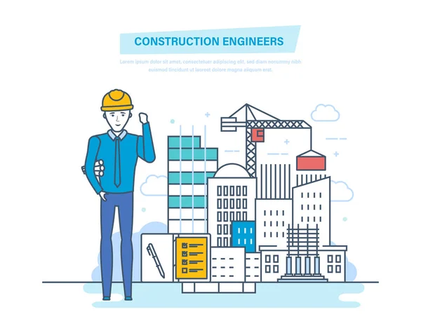 Stavební inženýři dělník. Ovládání procesu budování domova. — Stockový vektor