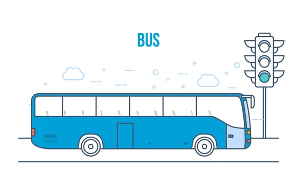 Öffentlicher Nahverkehr Bus, Hochhäuser, Häuser auf Stadtstraße. — Stockvektor