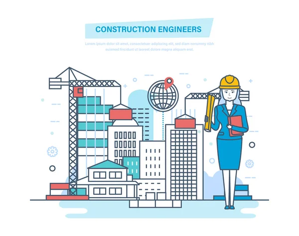 Ouvrier en génie construction. Contrôle pour la construction de processus de la maison . — Image vectorielle