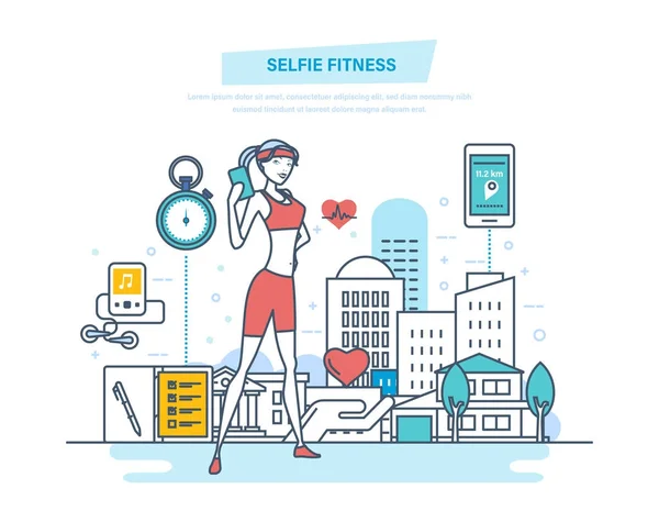 Selfie concept de fitness, mode de vie. Cours de fitness, mode de vie sain, yoga . — Image vectorielle