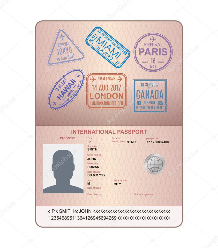Template of an open passport with stamps, seals. Travel, immigration.