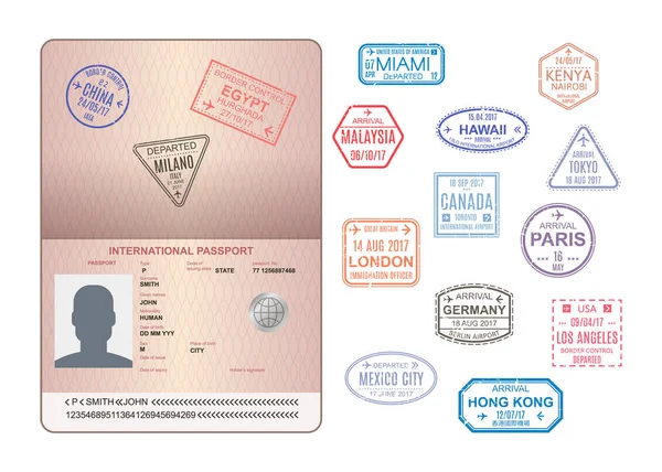 Šablona otevřené pas s razítky, těsnění. Cestování, přistěhovalectví. — Stockový vektor