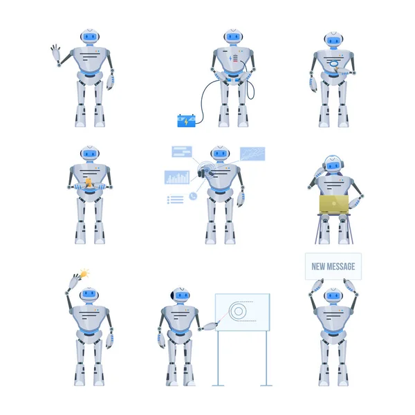Ensemble de robot électronique moderne, chat bot. Travail, éducation, soutien . — Image vectorielle