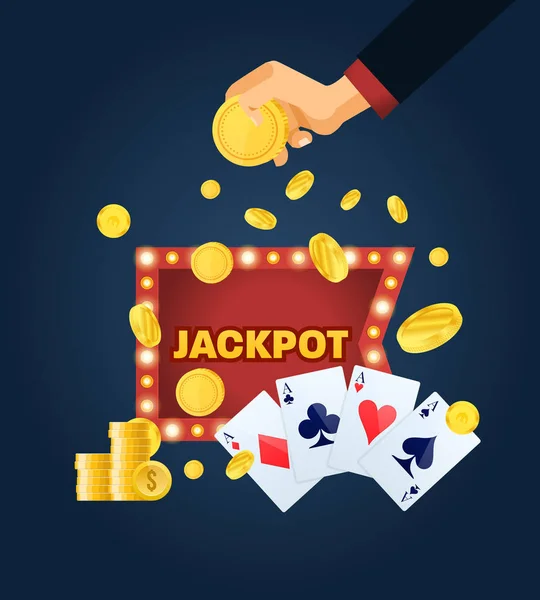 Grande victoire, jackpot de casino. La chance, le succès. Main tient des pièces d'or . — Image vectorielle
