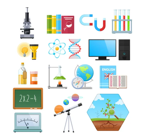 Conjunto de objetos de ciencias naturales. Educación, ciencia, estudio de la información . — Archivo Imágenes Vectoriales