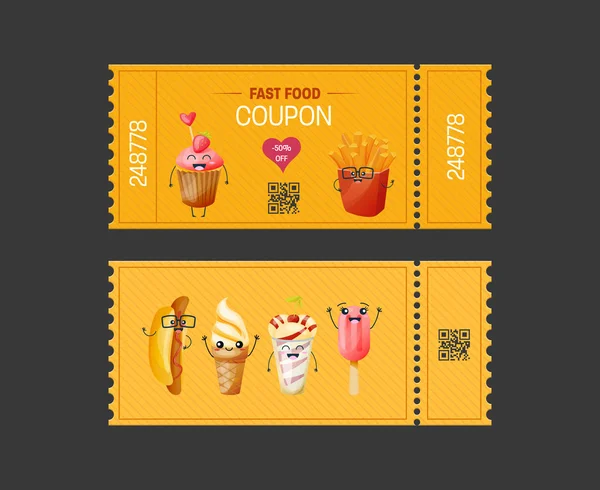 Coupon fastfood. Voucher ticket Geschenkenkaart. Coupon eten, drinken. — Stockvector