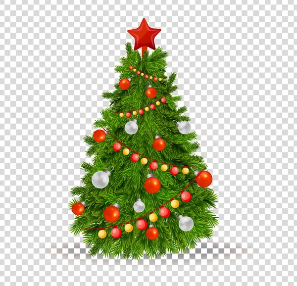 Χριστουγεννιάτικο δέντρο με όμορφες μπάλες παιχνίδια, διακοσμήσεις, γιορτινές γιρλάντες. — Διανυσματικό Αρχείο