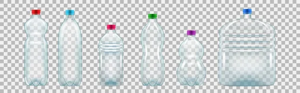 Set of realistic plastic bottles of various shapes and sizes. — Stock Vector