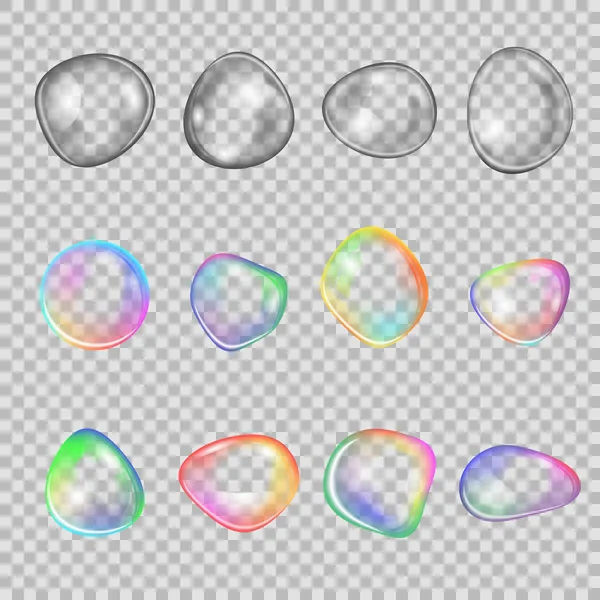 Set realistic soap bubbles, different colors, shapes, on transparent background. — Stock Vector