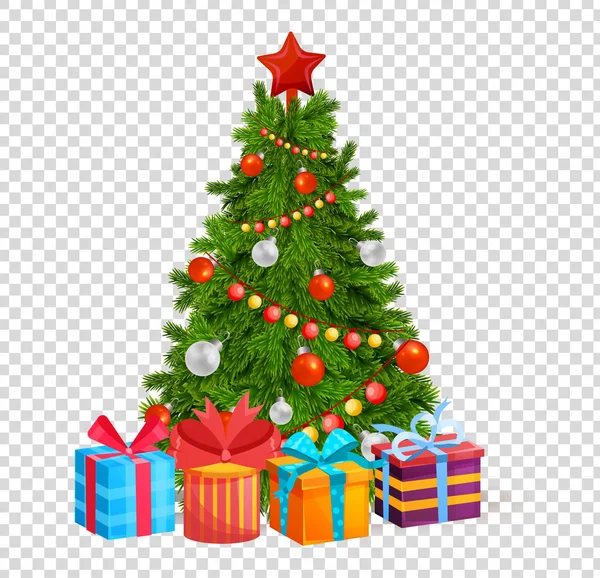 Χριστουγεννιάτικο δέντρο με όμορφες μπάλες, διακοσμήσεις. Δώρα κάτω από το χριστουγεννιάτικο δέντρο. — Διανυσματικό Αρχείο