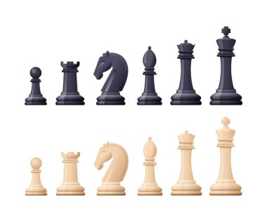 Black, white chess game pieces, figures. Logical tactical turn-based game. clipart