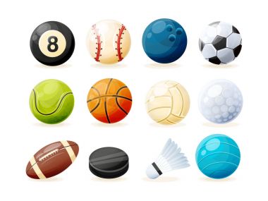 Dizi modern spor ekipmanları: toplar, raketle, çamaşır makinesi.