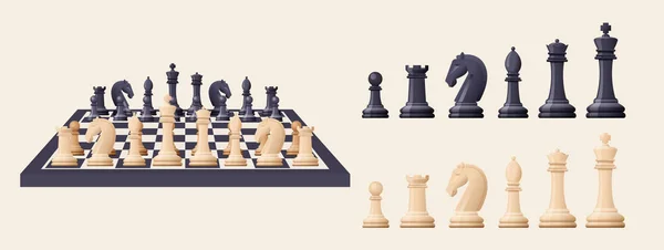 Peças de jogo de xadrez preto e branco, figuras no tabuleiro de xadrez . —  Vetores de Stock