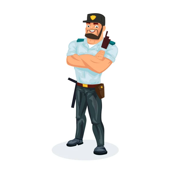 Politieagent in werkkleding, met apparatuur: baton, pistool, handboeien, walkie-talkie. — Stockvector