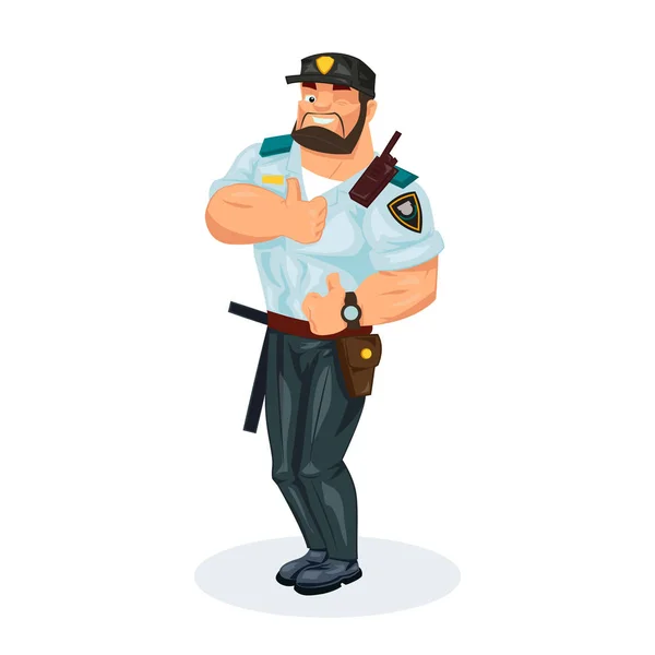 Policista, s vybavením: baton, pistole, pouta, vysílačku, ukazující znamení třída. — Stockový vektor