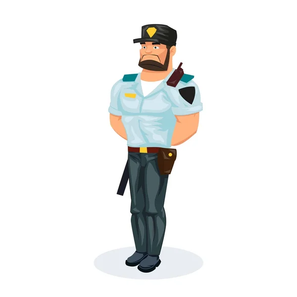 Policier, en vêtements de travail, avec équipement : matraque, pistolet, menottes, talkie-walkie . — Image vectorielle
