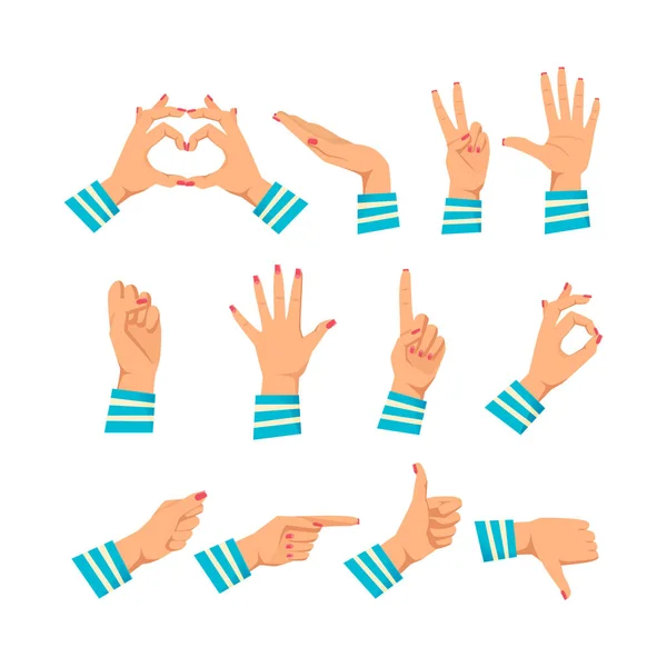 Ensemble de mains de femmes dans différents gestes. Signaux mains de femmes . — Image vectorielle